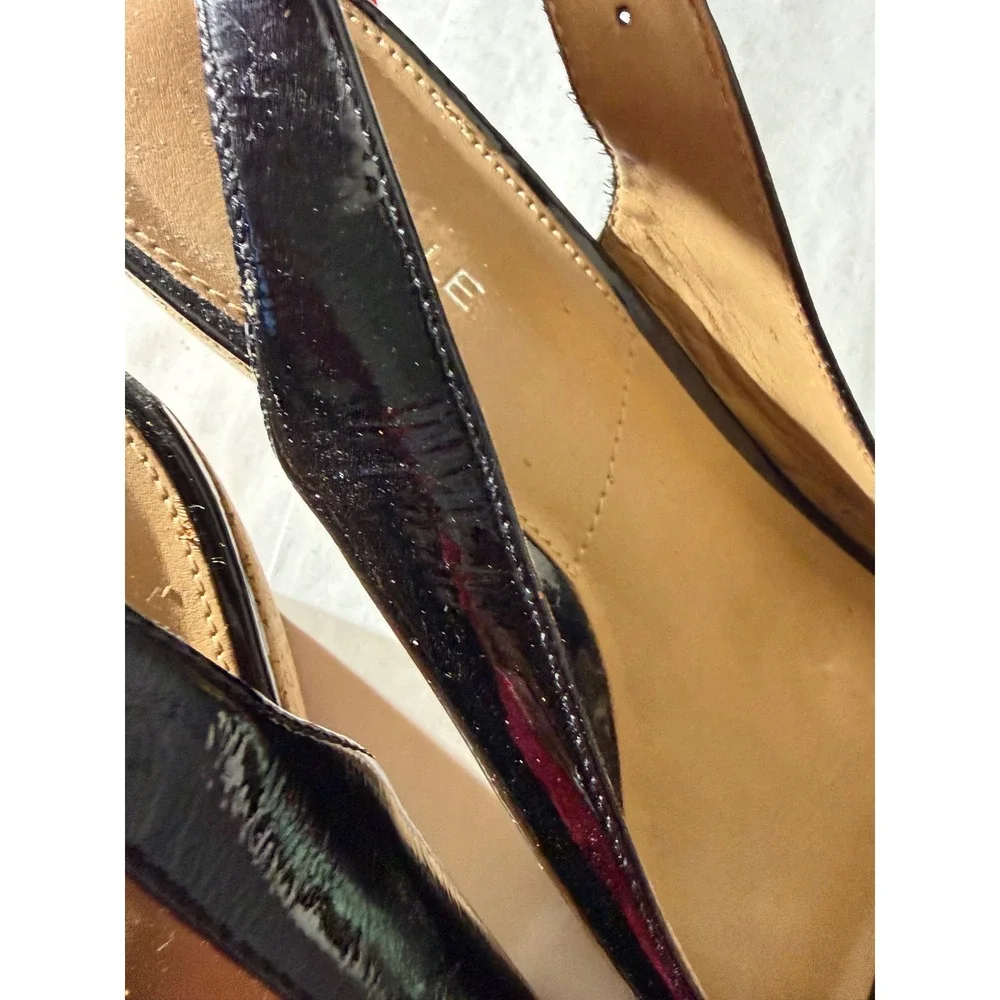 Michelle D Womens Black 7.5 Patent Leather Peep Toe Cork Wedge Slingback Sandals